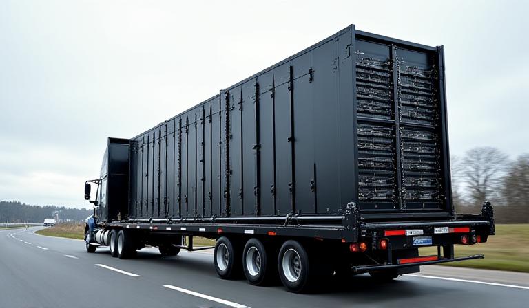 Oversized server rack and AI hardware being transported on specialized flatbed trailer