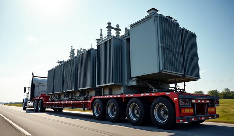 Large electrical transformer loaded on multi-axle heavy haul trailer for grid upgrade delivery